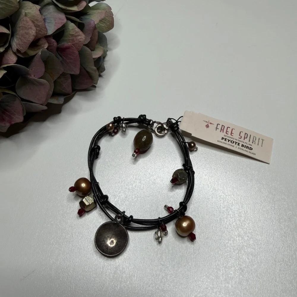 PEYOTE BIRD Free Spirit Bracelet Black Leather Sterling Silver Women's OS NEW